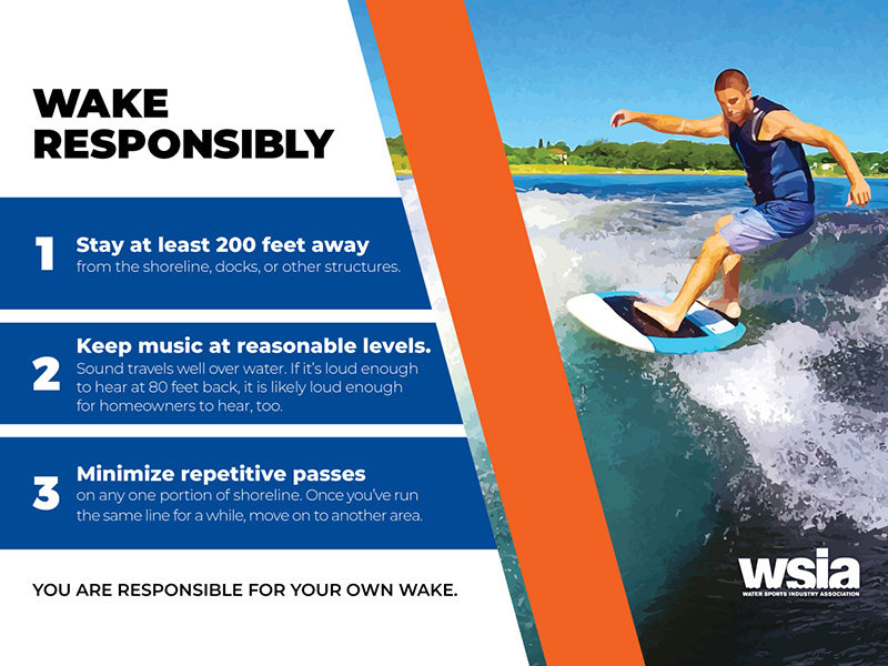 WSIA Wake Responsibly guidelines on Cobalt Boats: stay 200 feet from shore, keep music at reasonable levels, minimize repetitive passes