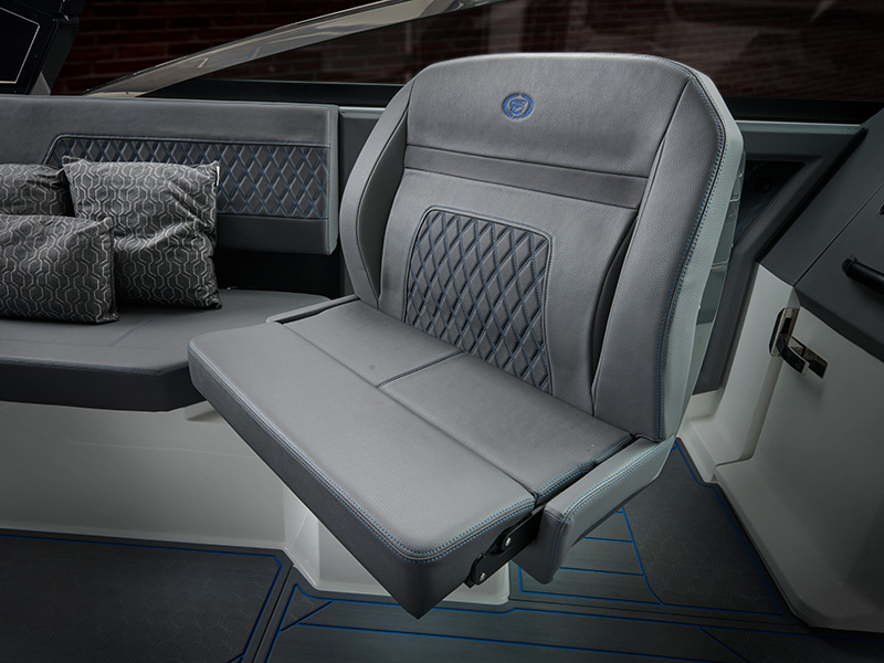 Cobalt R33 Surf rotating passenger seat with premium gray diamond-stitched upholstery and Cobalt emblem