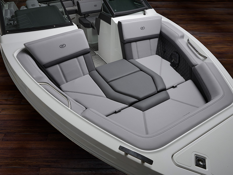 Cobalt R4 Sterndrive bow filler cushion with gray upholstered forward seating area