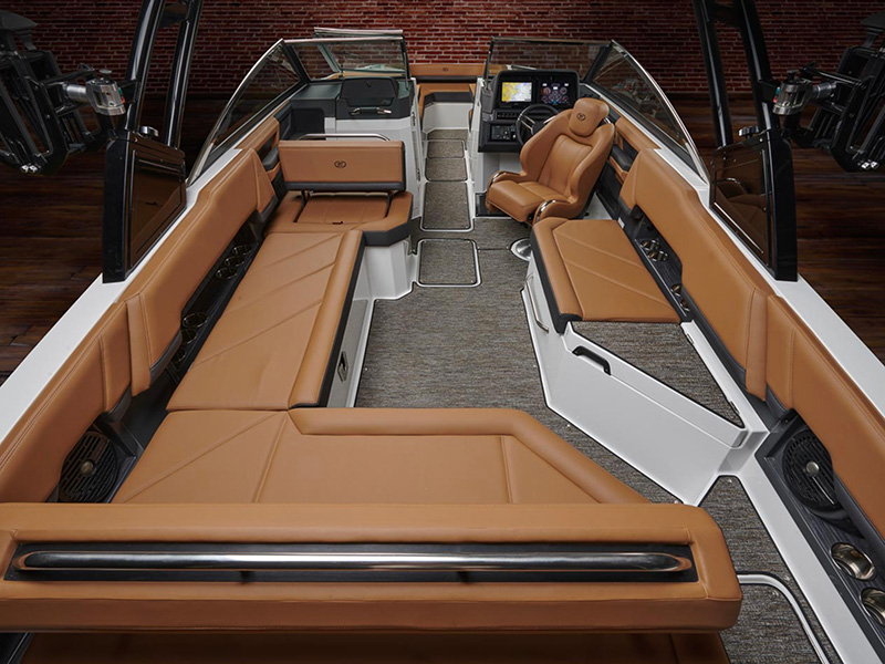 Cobalt R8 Sterndrive full interior styling with premium tan leather seating, open boat layout, and helm station