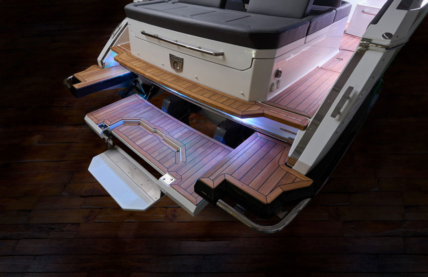The hydraulic swim platform on the R35 Sterndrive bowrider boat is one of its highlight features