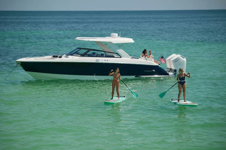 2 people paddle boarding