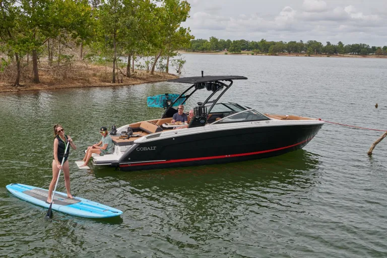 person paddle boarding by a boat