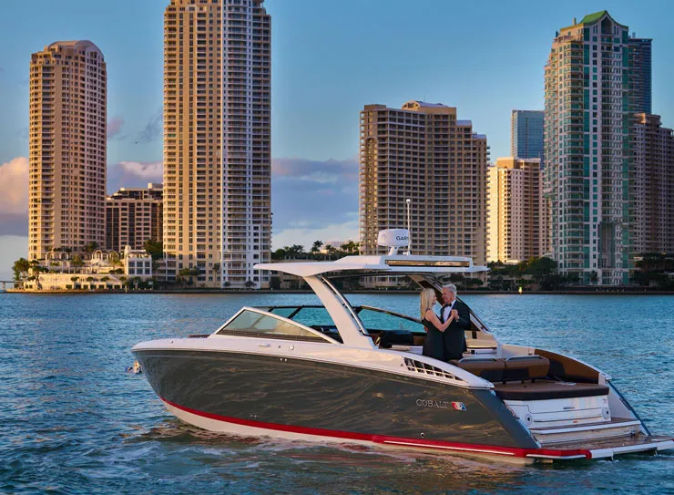 boat in front of city